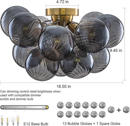 GoYeel Bubble Ceiling Light Fixture 18.5"-Glass Light Fixtures Ceiling Mount Modern Gold Chandelier Dining Room with 13 Swirled Smoke Grey Globe for Kitchen Bathroom Entryway Bedroom
