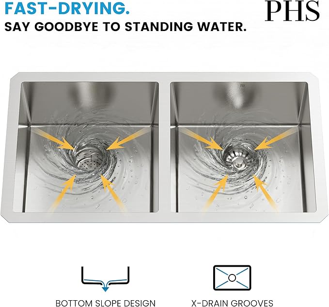 PHS 33-Inch Undermount -50/50 Double Bowl 16 Gauge Stainless Steel Kitchen Sink with Accessories, 9 Inch Deep Sinks with Brushed Finish