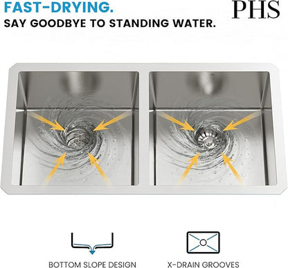 PHS 33-Inch Undermount -50/50 Double Bowl 16 Gauge Stainless Steel Kitchen Sink with Accessories, 9 Inch Deep Sinks with Brushed Finish