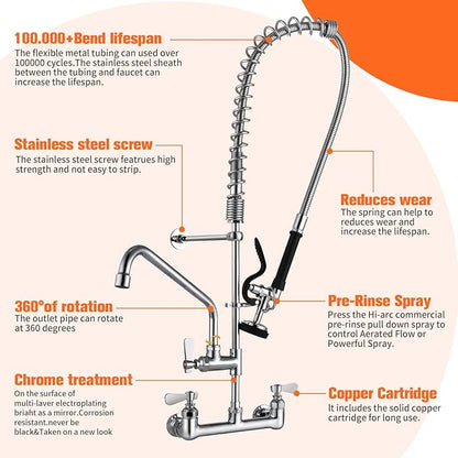 Commercial Sink Faucet with Sprayer 36" Height 8" Adjustable Center, Commercial Wall Mount Kitchen Sink Faucet with Pre-Rinse Sprayer and 12" Swing Spout for Restaurant Industrial