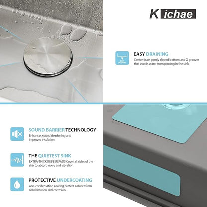Kichae Drop In Laundry Sink - 22x22x12 Drop In 12 Inch Deep Utility Sink T304 Stainless Steel Topmount Handmade Single Bowl with Accessories