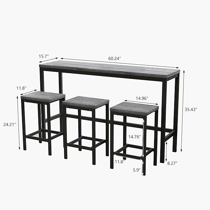 Merax Modern Design 4-Piece Counter Height Extra Long Dining Table Set with 3 Stools and Side Table with Footrest,Space-Saving Pub Kitchen Set,Easy Assembly,Grey
