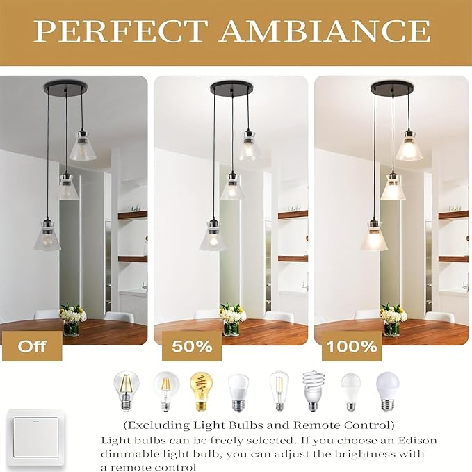 Black Kitchen Island Lighting, 3-Light Farmhouse Pendant Light with Clear Seeded Glass Shades, Adjustable Dining Room Light Fixture, E26 Dimmable Hanging Chandelier for Entryway Hallway