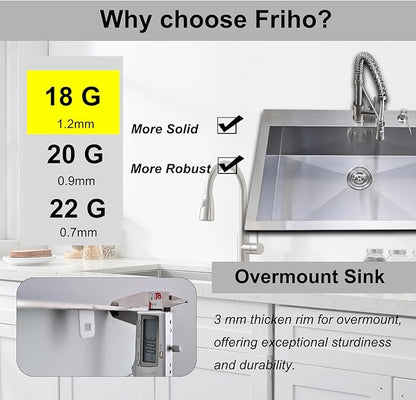 Friho 30 Inch Drop in Kitchen Sink, 30x18 Top Mount Commercial Handmade 18 Gauge Single Bowl Stainless Steel Sink With Dish Grid and Basket Strainer