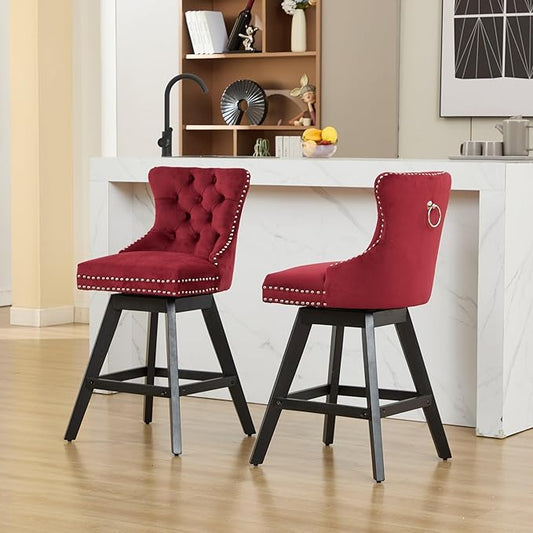 Swivel Velvet Bar Stools Set of 2 Wine Red | 360° Swivel Counter Chairs with Button Tufting, Padded Foam and Spring Seat, Curved Back Support, Solid Rubber Wood Legs for Kitchen Island
