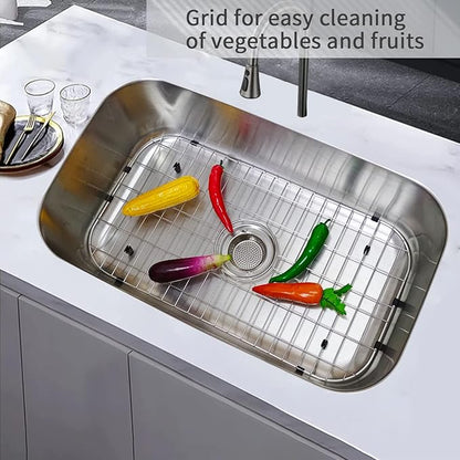 Kitchen Sink Grid 26-1/8"x14-1/4 - Heavy Duty Kitchen Sink Protector with Built-in Strainer & Center Drain, Non-Slip Rubber Feet & Scratch Resistant Bottom Guard