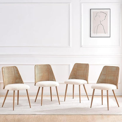 Rattan Dining Chairs, Upholstered Dining Chairs with Armless and PE Cane Backrest, Mid Century Modern Dining Room Chairs with Metal Legs for Kitchen Island,Set of 4