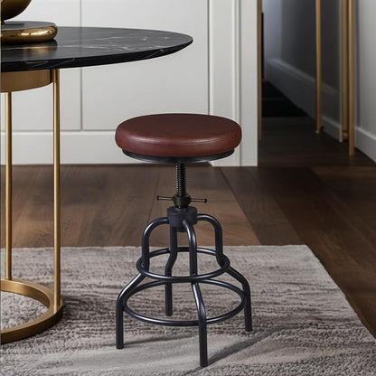 LOKKHAN Industrial Bar Stools-Swivel Leather Metal Bar Stool-20-27 Inch Tall Counter Height-Adjustable Kitchen Stool Dining Chair Cafe Stools (Set of 2)