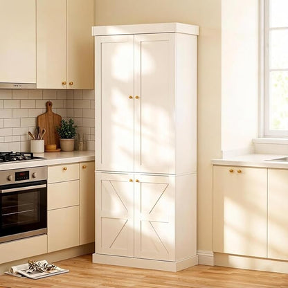 70.8" Tall Farmhouse Kitchen Pantry Cabinet with Doors, Modular Storage Cabinet with 4-Tier Adjustable Shelves, Wooden Hutch for Kitchen or Living Room, White