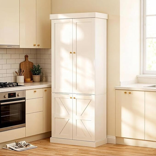 70.8" Tall Farmhouse Kitchen Pantry Cabinet with Doors, Modular Storage Cabinet with 4-Tier Adjustable Shelves, Wooden Hutch for Kitchen or Living Room, White