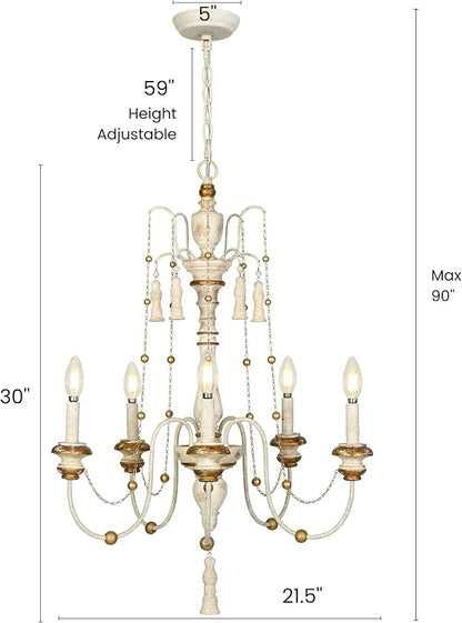 LALUZ Farmhouse Chandelier, 5-Light Distressed Wood Chandeliers for Dining Room, French Country Lighting Lights Fixtures with Bead Strings, 21.5" L x 30" H
