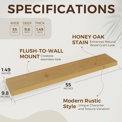 Dreamland 55 Inches Floating Shelves for Wall, 9.8" Deep Long Floating Shelves Set of 1, Large Display & Storage Shelf, Wall Shelf for Bathroom Bedroom Living Room Kitchen Office, Oak