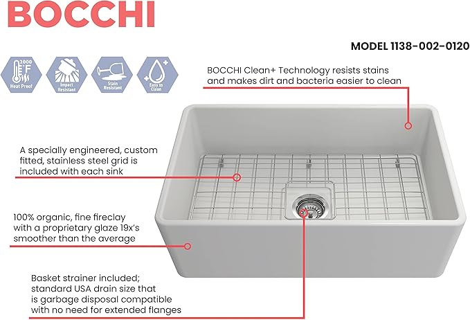 BOCCHI Classico Farmhouse Apron Front Fireclay 30 in. Single Bowl Kitchen Sink with Protective Bottom Grid and Strainer in Matte White