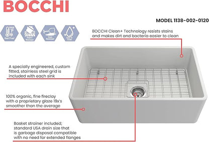 BOCCHI Classico Farmhouse Apron Front Fireclay 30 in. Single Bowl Kitchen Sink with Protective Bottom Grid and Strainer in Matte White
