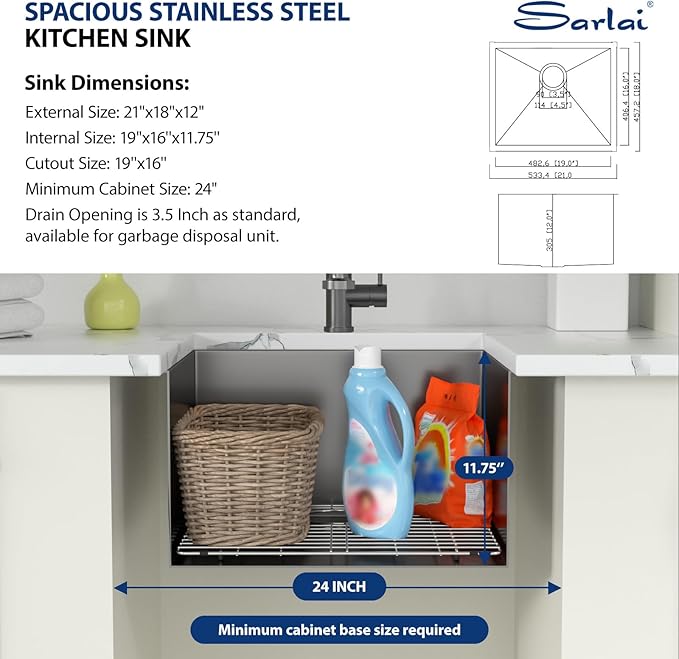 Sarlai Black Undermount Laundry Sink 21 Inch - 12 Inch Deep Undermount Laundry Utility Gunmetal Black Sink Single Bowl Kitchen Sinks 16 Gauge Stainless Steel Laundry Tub Sinks Basin 21"x18"x12"