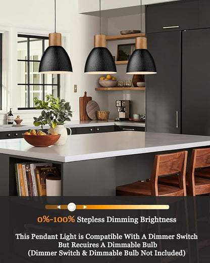 ELYONA 3 Pack Hammered Pendant Lights for Kitchen Island 7” Small Metal Solid Wood Hanging Light Fixtures Adjustable Height Farmhouse Pendant Lighting for Dining Room Bedroom Bar Office, Modern Black
