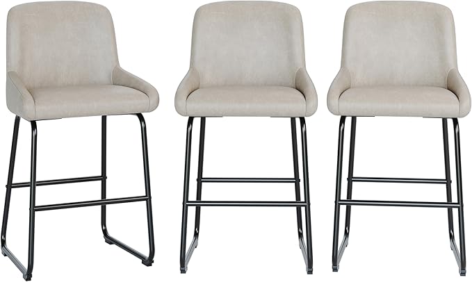 IDEALHOUSE Counter Height Bar Stools Set of 3, PU Leather Barstools with Back and Footrest, Modern Industrial Metal Frame Armless Bar Chairs for Kitchen Island, Counter, Grey