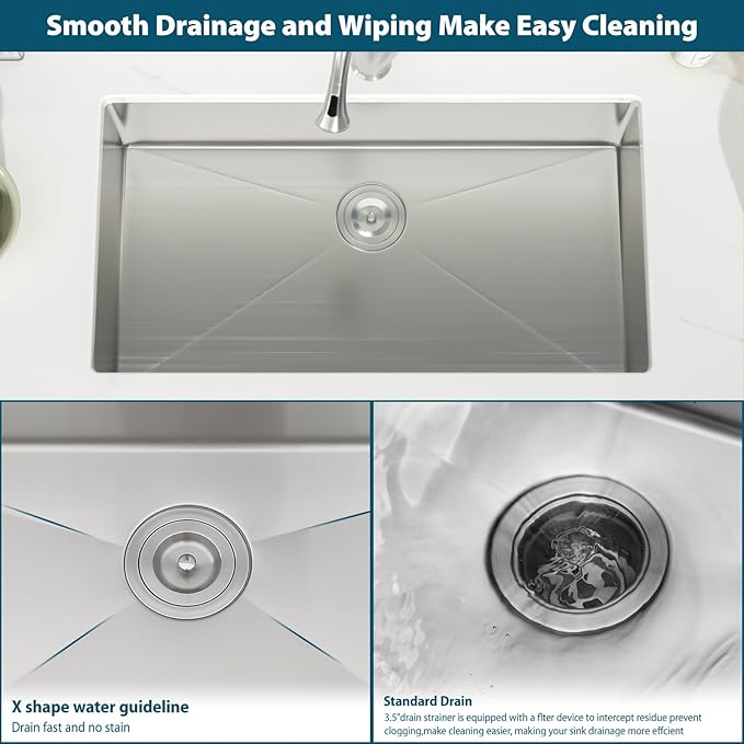 33 Inch Undermount Kitchen Sink 33"x18"x8" Single Bowl 16 Gauge Stainless Steel Under Counter Kitchen Sinks Basin with Drain Strainer