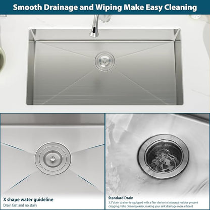 33 Inch Undermount Kitchen Sink 33"x18"x8" Single Bowl 16 Gauge Stainless Steel Under Counter Kitchen Sinks Basin with Drain Strainer
