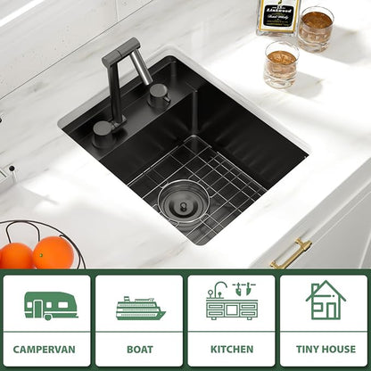 15x18 Inch Outdoor Sink Black Undermount RV Sink Workstation NANO PVD 16 Gauge Stainless Steel Single Bowl Handmade Outdoor Kitchen Sinks With Folding Faucet 15"x18"x9"