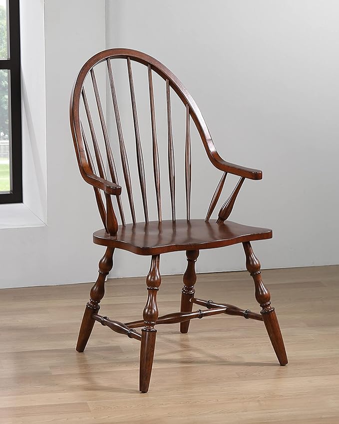 Sunset Trading Andrews Windsor Spindleback Dining Chair with Arms | Fully Assembled Kitchen Armchair| Modern Farmhouse Minimalist Country Cottage | Distressed Chestnut Brown Solid Wood