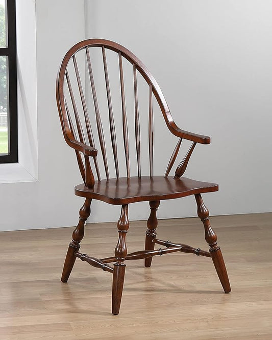 Sunset Trading Andrews Windsor Spindleback Dining Chair with Arms | Fully Assembled Kitchen Armchair| Modern Farmhouse Minimalist Country Cottage | Distressed Chestnut Brown Solid Wood