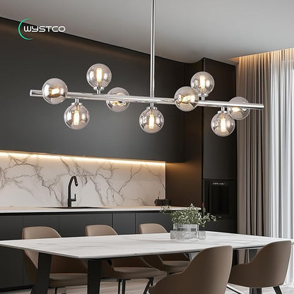 Mid Century Modern Glass Globe Sputnik Chandelier, 9-Light Linear Chandeliers for Dining Room, Kitchen Island, Living, Dining Light Fixture Over Table, Chrome and Smoke Grey Bubble, 40 Inch