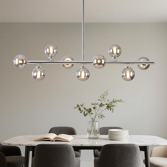 Mid Century Modern Glass Globe Sputnik Chandelier, 9-Light Linear Chandeliers for Dining Room, Kitchen Island, Living, Dining Light Fixture Over Table, Chrome and Smoke Grey Bubble, 40 Inch