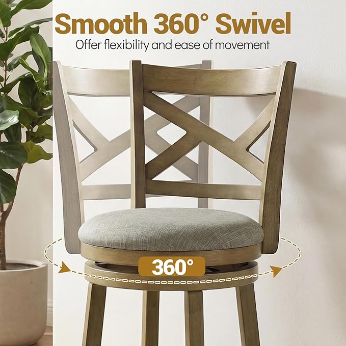 Giantex Wood Swivel Bar Stools Set of 2, 30" Upholstered Bar Height Bar Stools with X Back, Linen Cushioned Seat, Farmhouse Armless Wooden Barstools for Kitchen Island Dining Room, Grey