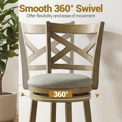 Giantex Wood Swivel Bar Stools Set of 2, 30" Upholstered Bar Height Bar Stools with X Back, Linen Cushioned Seat, Farmhouse Armless Wooden Barstools for Kitchen Island Dining Room, Grey