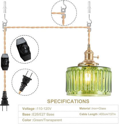 Pendant Light Fixtures,Plug in Hanging Light Fixture Green Glass 6.6in Pendant Light,E26 Pendant Lighting for Kitchen Island, Bedroom, Dining Room, Living Room