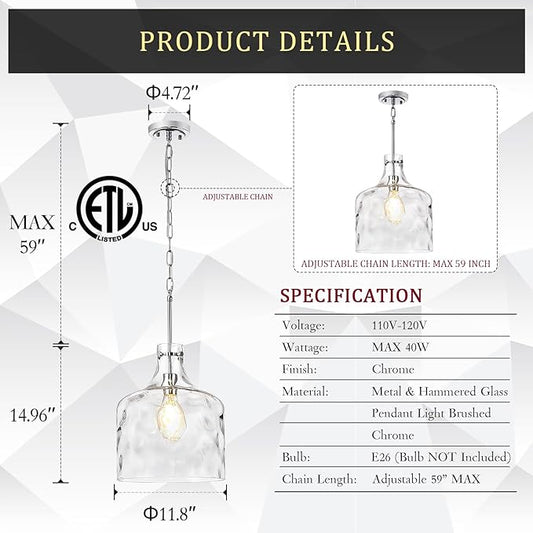 CATINER Extra Large 16" Vintage Farmhouse Pendant Light – Hand-Blown Clear Hammered Glass Shade, Adjustable Chain Hanging Light for Kitchen Island, Hallway, Dining Room, Chrome