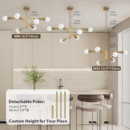 KAISITE Sputnik Chandelier Modern Gold Chandelier 6-Light E26 Mid Century Ceiling Light Fixture Height Adjustable Hanging Pendant Lighting for Dining Room Kitchen Island Bedroom Office