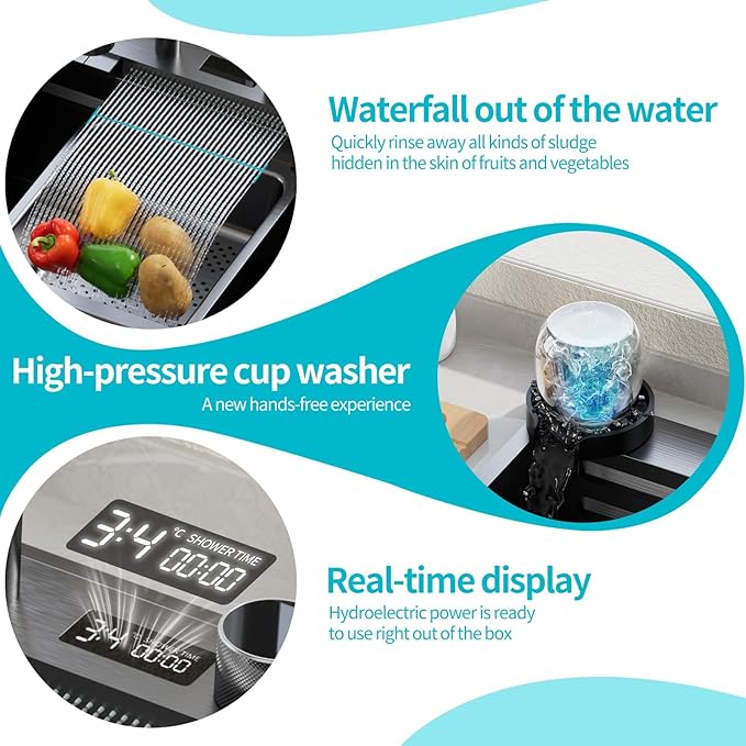 Smart Waterfall Kitchen Sink 31.5 Inch, Black Stainless Steel Workstation Sink with Digital Display Faucet, Drop In Single Bowl Kitchen Sink with Accessories, Modern Deep Kitchen Sink