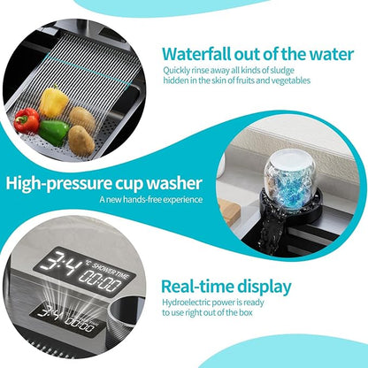 Smart Waterfall Kitchen Sink 31.5 Inch, Black Stainless Steel Workstation Sink with Digital Display Faucet, Drop In Single Bowl Kitchen Sink with Accessories, Modern Deep Kitchen Sink