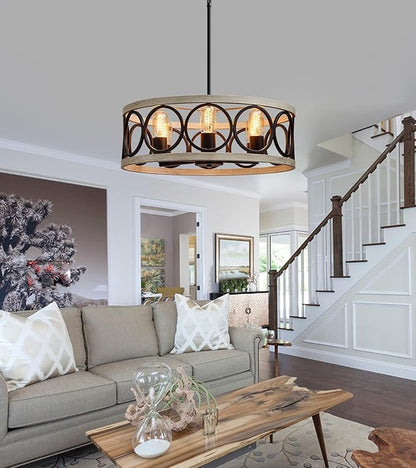 MEIXISUE Modern Farmhouse Drum Chandelier Black and White Birch Finish 6-Lights Round Metal Rustic Vintage Chandelier Light Fixtures for Kitchen Dining Room Living Room Office Hotel Restaurant