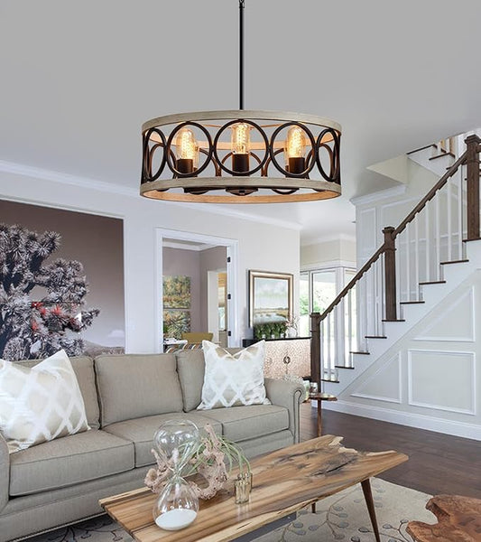 MEIXISUE Modern Farmhouse Drum Chandelier Black and White Birch Finish 6-Lights Round Metal Rustic Vintage Chandelier Light Fixtures for Kitchen Dining Room Living Room Office Hotel Restaurant