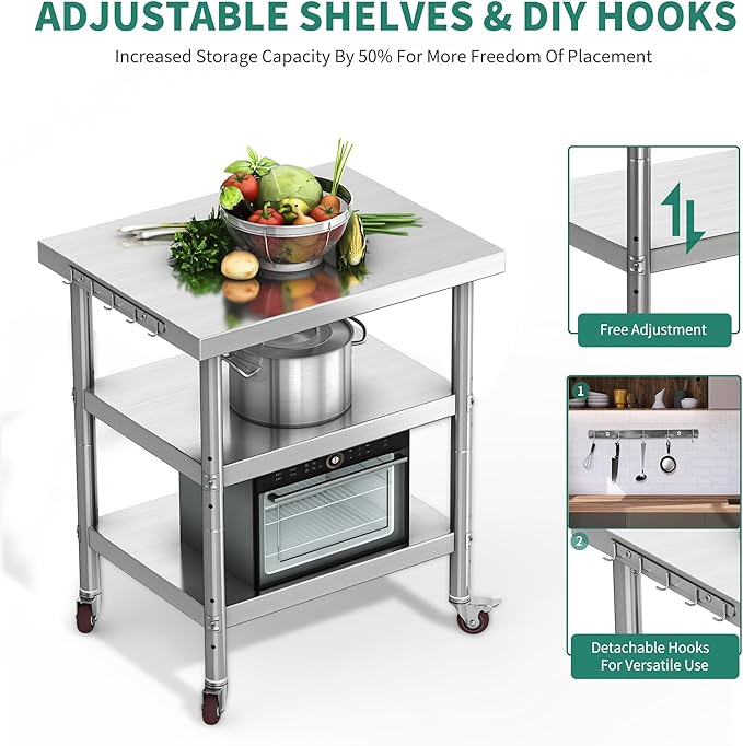 YITAHOME NSF Stainless Steel Table, 30" X 24" Work Table with Wheels, 3 Shelves Metal Table Prep Table for Home Kitchen Restaurant Garage Warehouse Outdoor