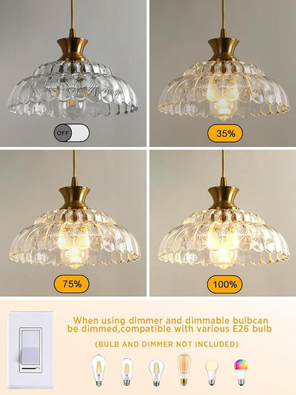 2Pack Glass Pendant Lights Kitchen Island, 11.8" Vintage Lighting Glass Light Fixtures Brushed Gold Modern Chandelier Hanging Ceiling for Dining Living Room Restaurant Bedroom Foyer