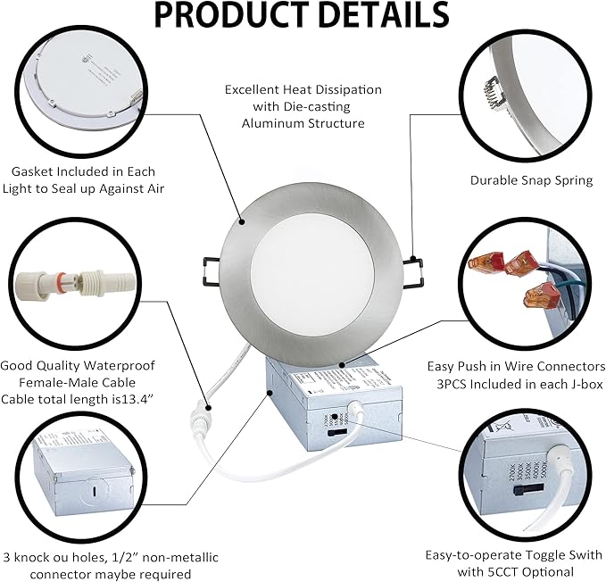 POPANU Premium LED-Canless Downlight Recessed Lighting 4-inch 5 CCT Adjustable Dimmable Recessed Lights Fixture with Junction Box, Ceilling Light 2700-5000K, 9W, Brushed Nickel, 6 Pack