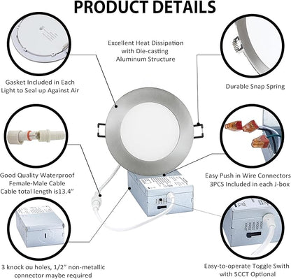 POPANU Premium LED-Canless Downlight Recessed Lighting 4-inch 5 CCT Adjustable Dimmable Recessed Lights Fixture with Junction Box, Ceilling Light 2700-5000K, 9W, Brushed Nickel, 6 Pack