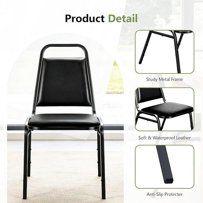 Modern Dining Chairs Set of 4, Faux Leather Upholstered Kitchen Chairs with Cushion Seat, Stackable Metal Frame, No Assembly, Dining Room Chairs for Kitchen Restaurant Living Room, Black