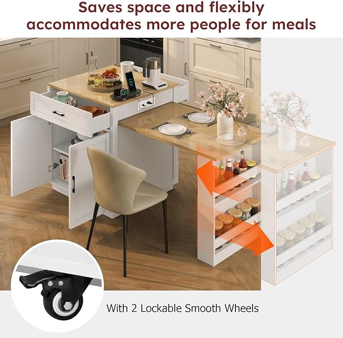 Rovibek Kitchen Island Expandable Table with Storage for 2-6 Person, Kitchen Islands with 2 Drawers, 2 Side Open Shelves and Built-in Power Outlet, Faux Marble Top Kitchen Island Table White