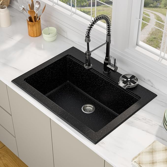 30 Granite Composite Kitchen Sink - Beslend 30x22 Drop In Black Kitchen Sink with High Pressure Glass Rinser, Granite Composite Worksation Black Sinks Easy Clean Quartz Basin for Kitchen Remodel