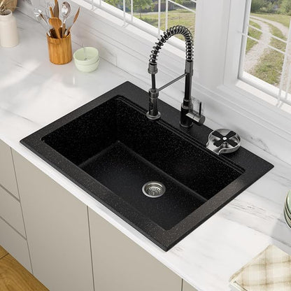30 Granite Composite Kitchen Sink - Beslend 30x22 Drop In Black Kitchen Sink with High Pressure Glass Rinser, Granite Composite Worksation Black Sinks Easy Clean Quartz Basin for Kitchen Remodel