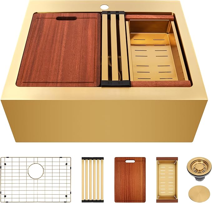 Rhbamoa Gold Farmhouse Sink 28 inch,16 Gauge T304 Stainless Steel Drop in Farm Sinks,Gold Single Bowl Apron Front Kitchen Farm Sink,10 Inch Depth Topmount Workstation Sinks with All Accessories