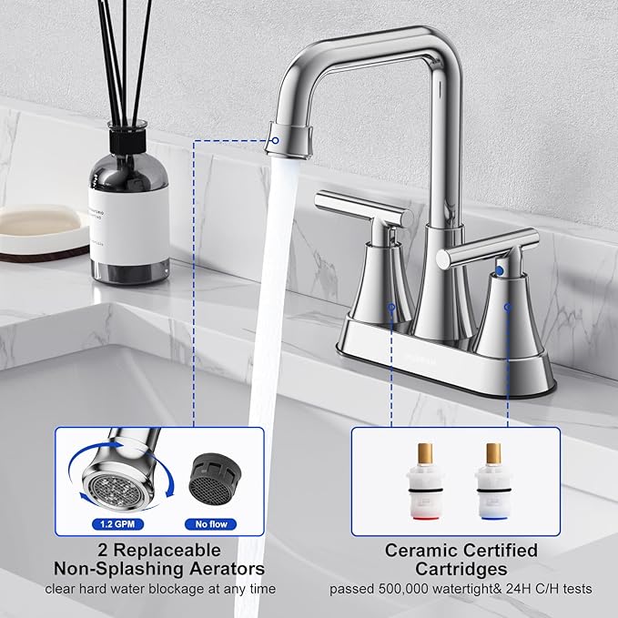Bathroom Sink Faucet, Hurran 4 inch Chrome Bathroom Faucets for Sink 3 Hole with Pop-up Drain and Supply Lines, Stainless Steel 2-Handle Centerset Faucet for Bathroom Sink Vanity RV Restroom