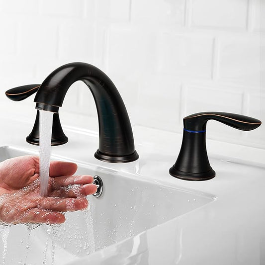 Bathroom Sink Faucet, Faucet for Bathroom Sink, Widespread ORB Bathroom Faucet 3 Hole with Stainless Steel Pop Up Drain and cUPC Lead-Free Hose-(Oil Rubbed Bronze 2 Packs)