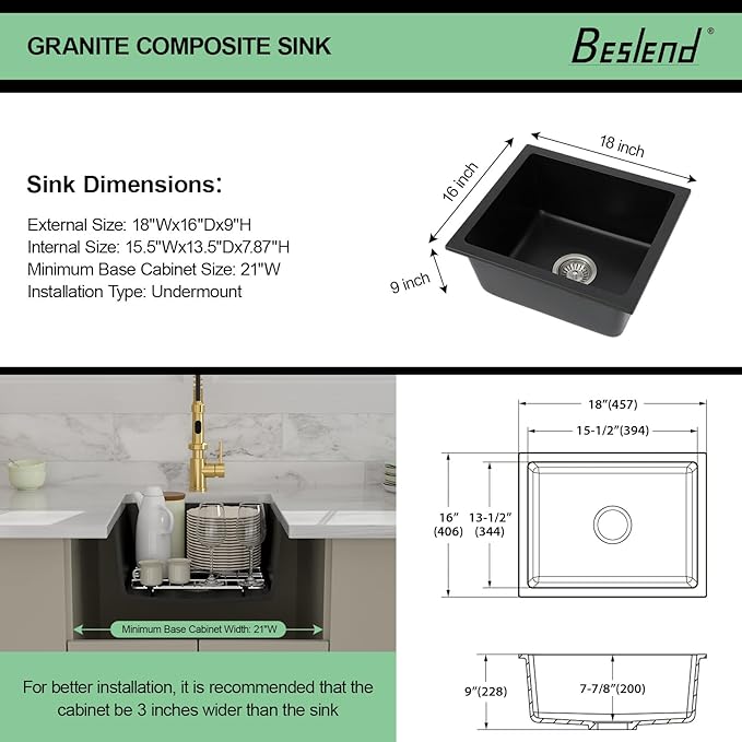 18 Black Granite Composite Bar Sink - 18x16 Undermount Granite Quartz Kitchen Sink Matte Black 9 Inch Depth Small Signle Bowl RV Sinks Under Counter
