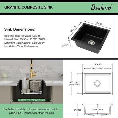 18 Black Granite Composite Bar Sink - 18x16 Undermount Granite Quartz Kitchen Sink Matte Black 9 Inch Depth Small Signle Bowl RV Sinks Under Counter